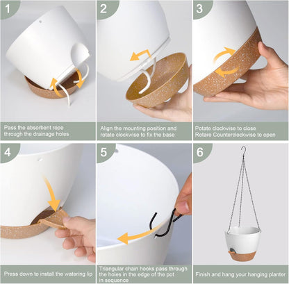 Hanging Planters for Indoor Outdoor Plants, 2 Pack Self Watering Hanging Pot with Drainage Holes & Removable Tray (White, 6'')