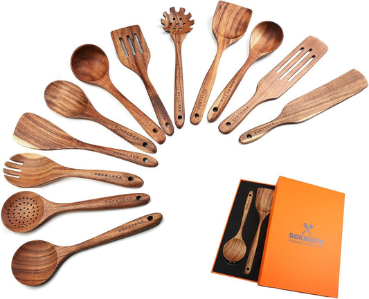 Wooden Spoons for Cooking,12 Pack Wooden Utensils for Cooking Wooden Cooking Utensils Wooden Kitchen Utensils Set Natural Teak Wooden Spatulas for Cooking