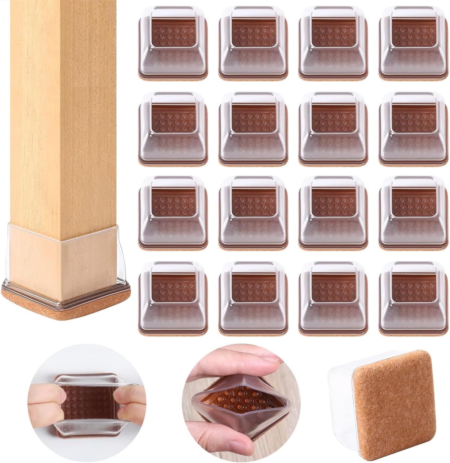 Ezprotekt 24 Pcs Clear Square Chair Leg Floor Protectors with Felt, Silicone Felt Furniture Pads for Hardwood Floor, Dining Table Leg Caps Covers No Scratches and Noise (L Fit: 1" - 1.4")