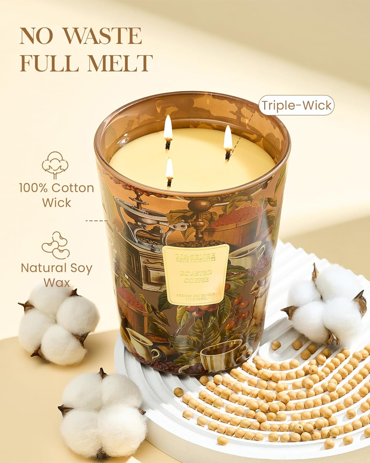 M&SENSE Roasted Coffee Scented Candle, 3 Wick Soy Natural Wax Candles, 35oz 150H Long Lasting, Stress Relief Home Fragrance Housewarming Gifts