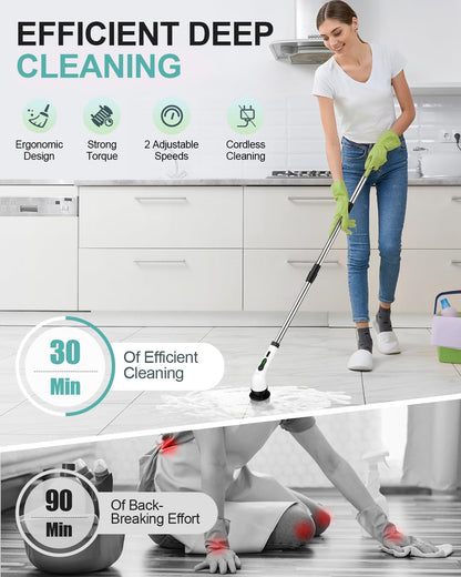 Electric Spin Scrubber, Cordless Shower Scrubber Rotary Floor Brushes & Pad Drivers with 9 Brush Heads - 2H Dual Speed, IPX7 Waterproof Extension Handle for Bathroom Tile Car Cleaning, Whtie-Q