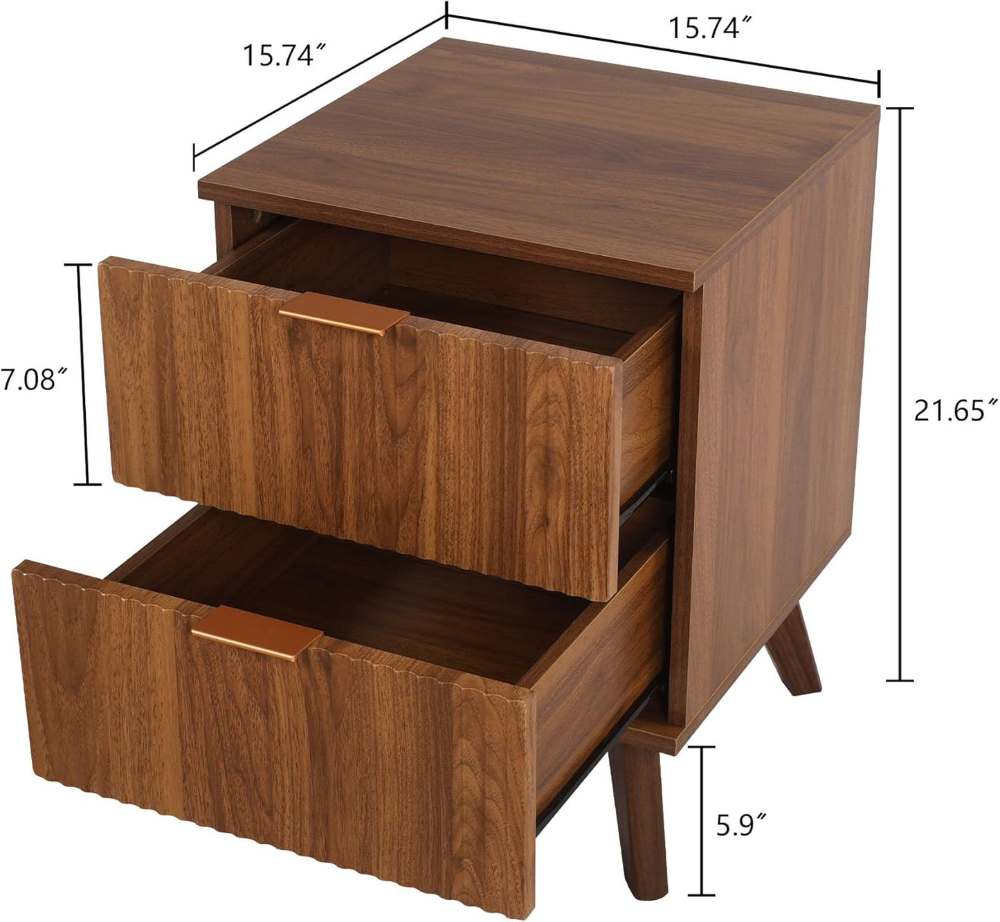 Fluted Nightstand Set of 2, Mid Century Modern 2 Drawer Dresser for Bedroom, Small Dresser Night Stand Side Table End Table with Wood Fluted Drawer Storage for Bedroom Closet(Walnut)