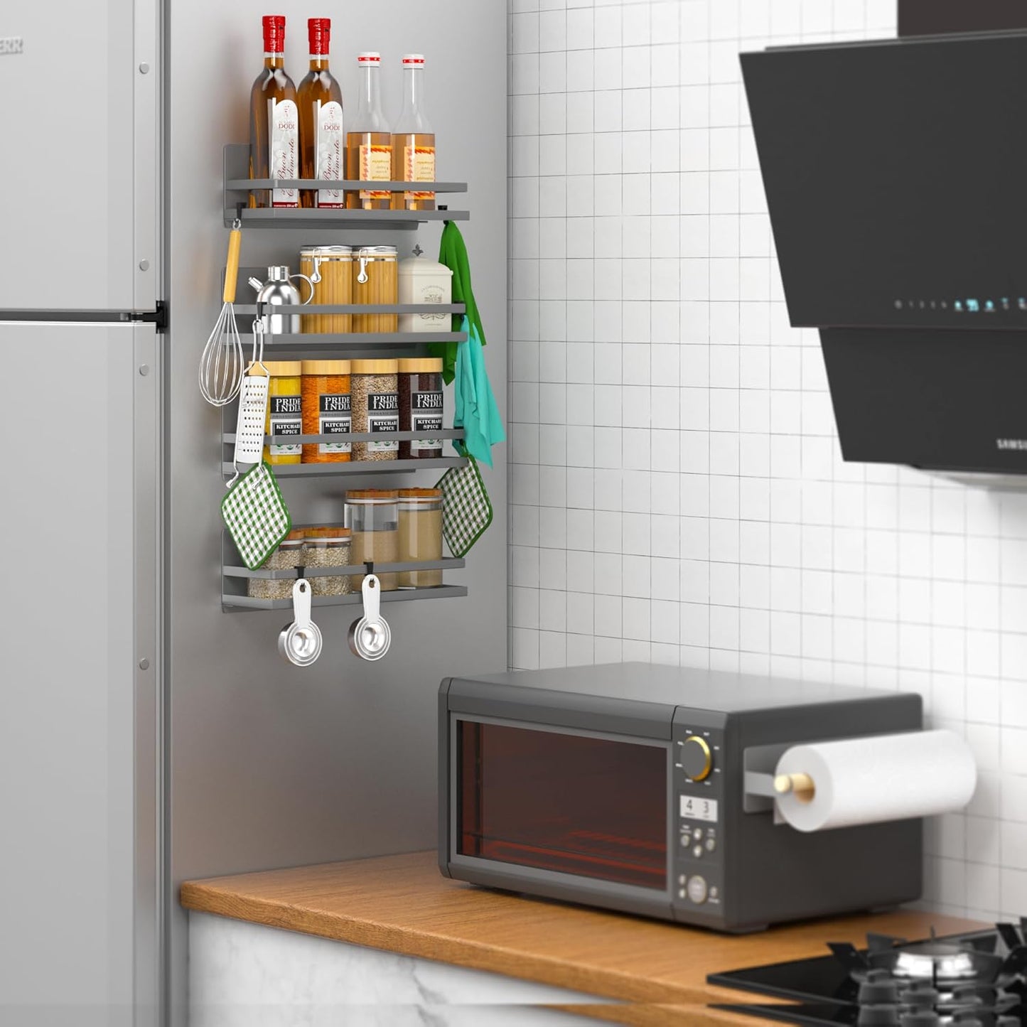 Magnetic Spice Rack Moveable Magnetic Shelf Organizer with Paper Towel Holder Kitchen Refrigerator Seasoning Storage Rack Fridge Magnet Organizer,Grey,3 Packs
