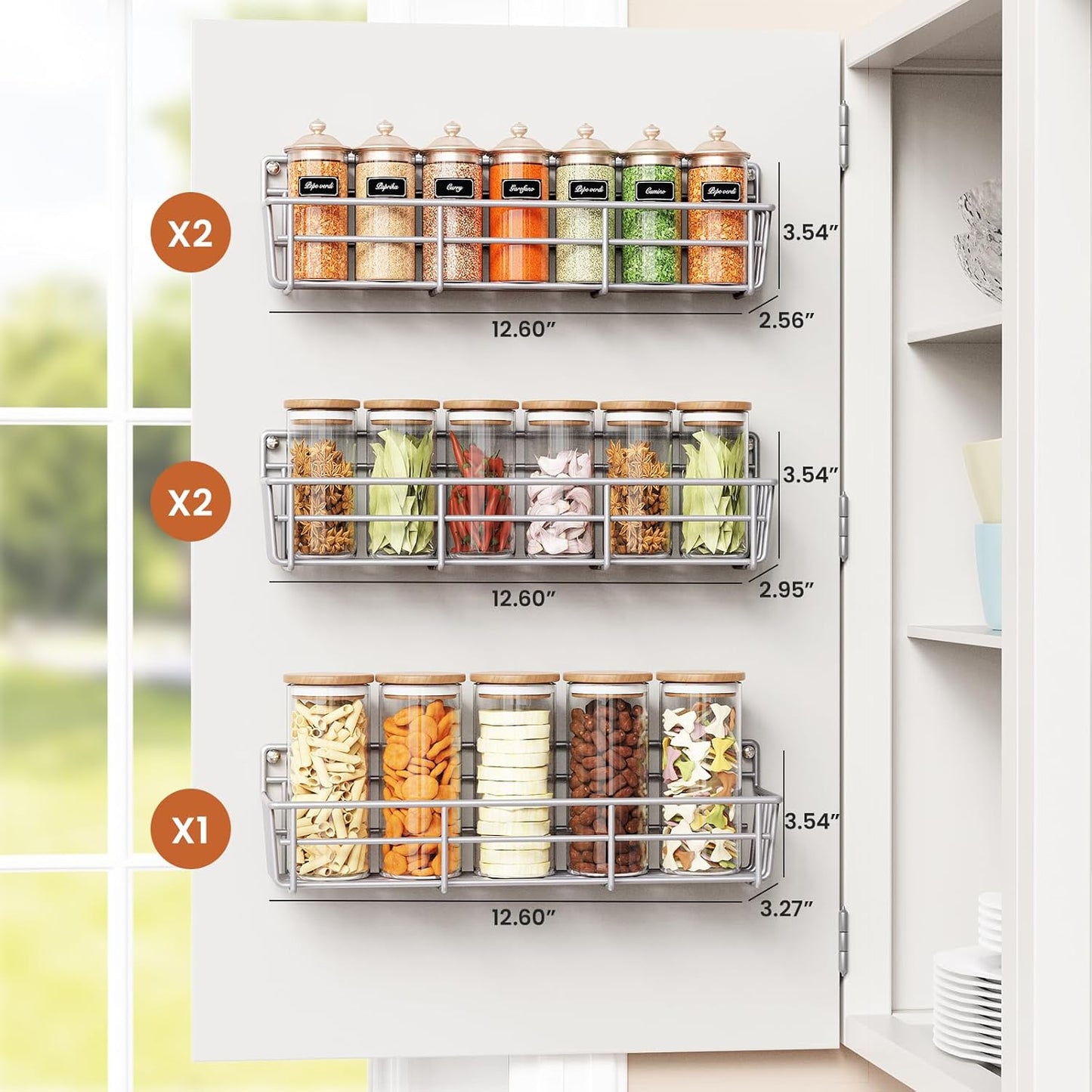 5 Pack Spice Rack Seasoning Organizer Wall Mount, Screw or Adhesive Hanging Shelf Basket Spice Organizer Shelf for Kitchen, Silver