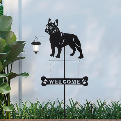 BAYN Solar French Bulldog Silhouette Dog Breed Welcome Sign with a Lantern Outdoor Decorative Garden Stakes for Yard, Lawn, Patio, Pathway