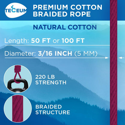 TECEUM Cotton Rope 3/16” (5 mm) – 50 FT – Strong All-Purpose Braided Rope – Natural Cotton – for Crafting, Сamping, Clothes Line, DIY, Indoor & Outdoor Use – Deep Pink
