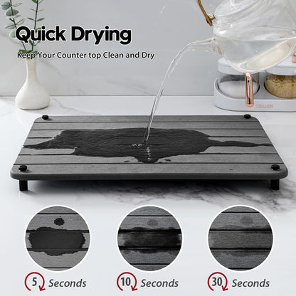 Stone Dish Drying Mat for Kitchen Counter, Water Absorbing Bathroom Tray Sink Organizer, Diatomaceous Earth Countertop Dish Rack Riser Sponge Holder Soap Dish, Dark Gray, 16" x 12"