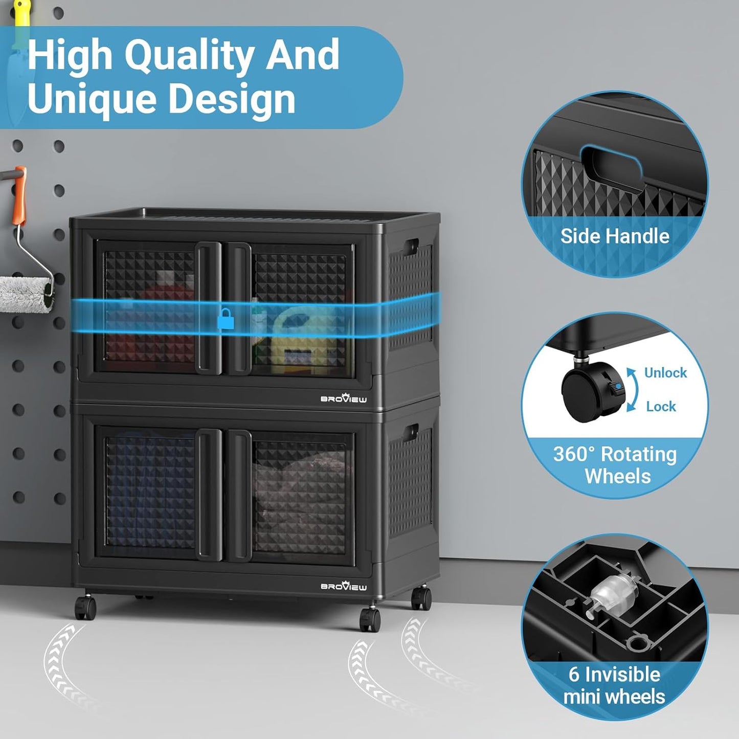 600Qt Stackable Storage Bins with Lids, 150Gal Closet Organizers and Storage Drawer, Plastic Collapsible Storage Bins with Doors, Heavy Duty Store Box Cabinet for Home Kitchen, 6Pack Black