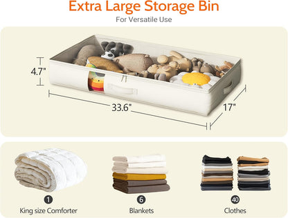 Soft-Sided Foldable Under bed Storage Bags with Window,No Rigid Frame Closet Organizers,Storage Containers for Blankets, Clothing, Comforter, Collapsible Fabric Design,4 Pack, White Ivory