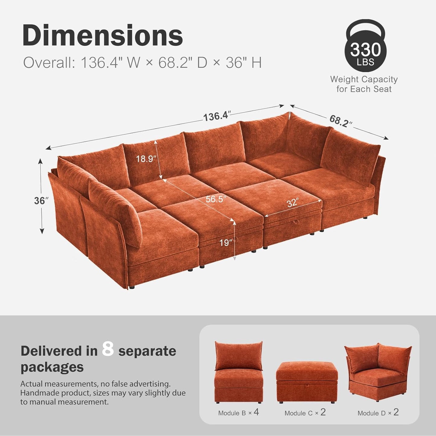 136.4" Oversized Modular Sectional Sleeper Sofa Bed, U Shaped Convertible Couch with Movable Ottoman, Large 8 Seat Corner Couches for Living Room Deep Seat Terracotta Orange Chenille