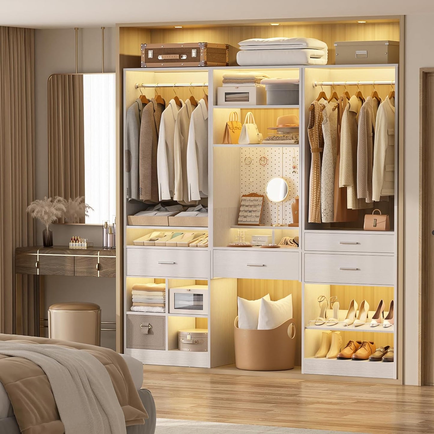 Unikito 75” Modular Closet System, Freestanding Closet Organizer with Hanging Rods and Drawers, Adjustable Clothes Garment Rack with Shoe Rack, Sturdy Walk in Closet Set for Bedroom, Mudroom, White