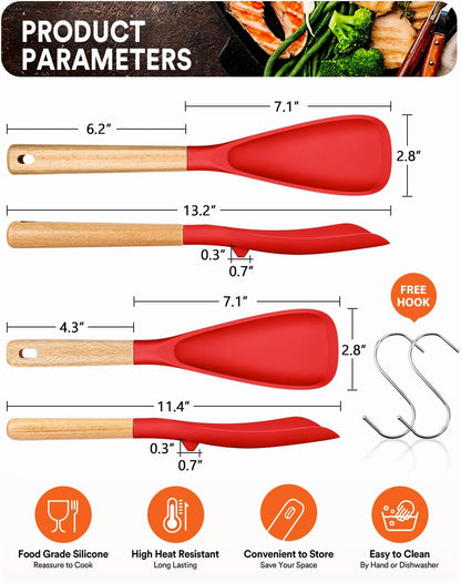Multifunction Spatula Spoon for Nonstick Cookwares, Great for Cooking and Serving, Sturdy BPA-Free Matte Silicone, Wood Handle Spatula for Mixing, Scoop, and Scrape, Red(2 pack,11.4" & 13.4")