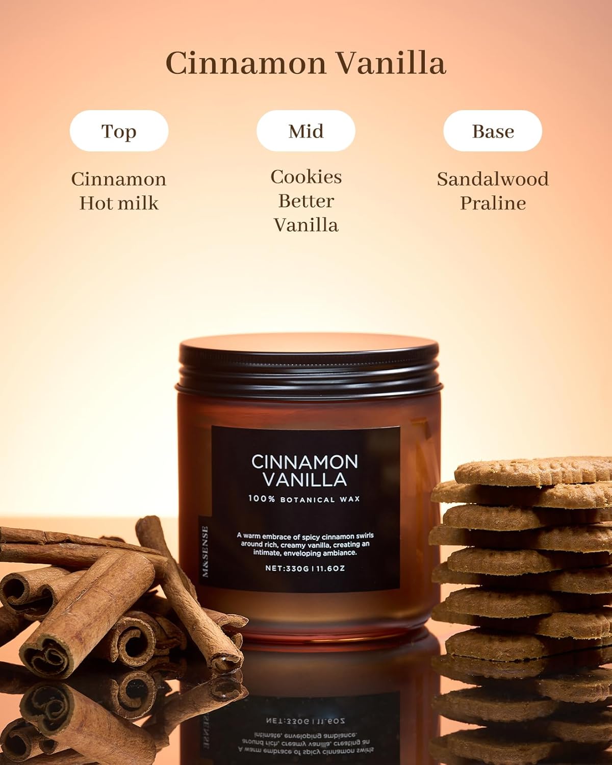 M&SENSE Cinnamon Vanilla Fall Scented Candles for Home, Natural Soy Wax 11.6oz 70 Hours Large Long Lasting Strong Scented Classic Christmas Holiday 2 Wicks Candle Gift Home Decor