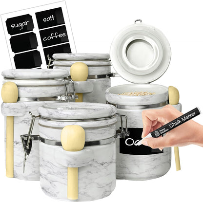 Home Intuition 4-Piece Ceramic Kitchen Canisters Set, Airtight Containers with Wooden Spoons Reusable Chalk Labels and Marker for Sugar, Coffee, Flour, Tea (White Marble)