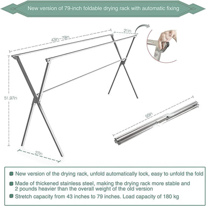 Clothes Drying Racks Outdoor, 81 Inches Updated Version,Stainless Steel Laundry Drying Rack for Indoor Outdoor and The Balcony,Length Adjustable Saves Space,with Windproof Hooks(001)