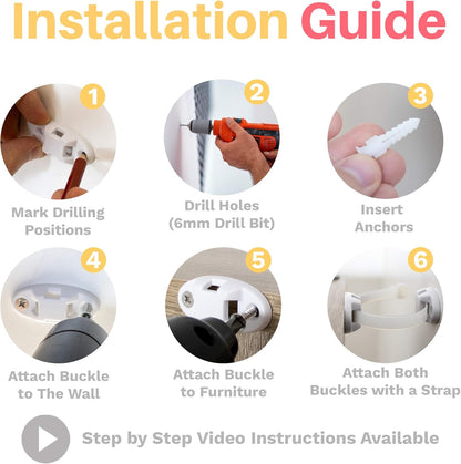 Inaya 12 Pack Furniture Anchors for Baby Proofing, Bookshelf Anchors to Wall, Dresser Wall Safety Anchor，Heavy-Duty Anti-Tip Furniture Straps for Cabinets, Closets, Bookshelf and TVs