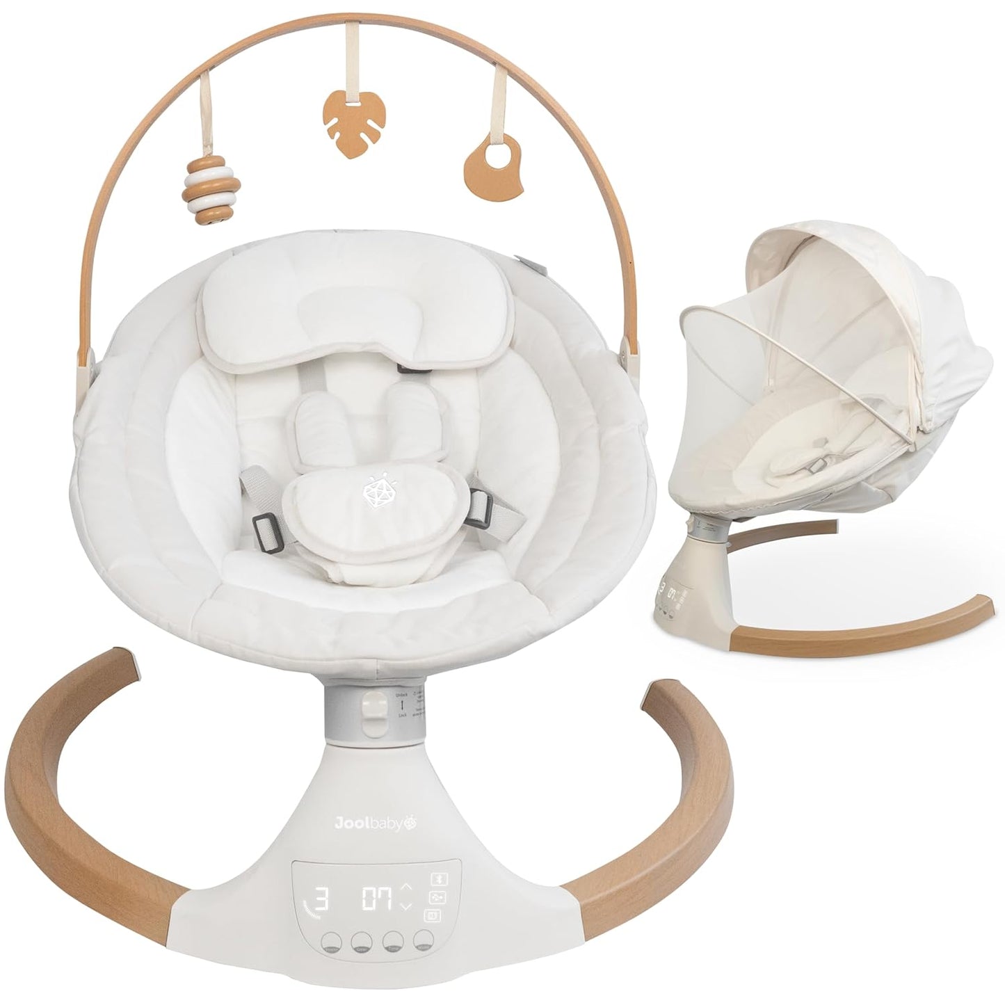 Jool Baby Nova Swing for Newborns - Electric Motorized Infant Swing, Bluetooth Music, 10 Preset Melodies, Remote (2025 Model) (Wood/Oatmeal)
