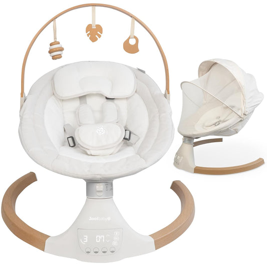 Jool Baby Nova Swing for Newborns - Electric Motorized Infant Swing, Bluetooth Music, 10 Preset Melodies, Remote (2025 Model) (Wood/Oatmeal)