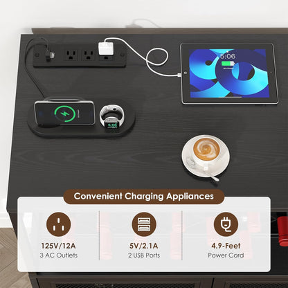 Wine Bar Cabinet with Wheels, 4-Tier Bar Cart with Power Outlets and LED Light, Liquor Cabinet Home Mini Bar with Wine Rack, Coffee Bar Cabinet for Liquor, Black