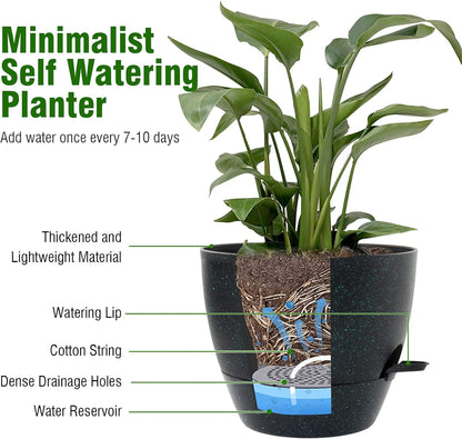 12/10/9 inch Large Self Watering Pots, Planter, Plant Pots with Mesh Drainage Holes for Indoor Outdoor Garden Plants, Plastic Flower Pots with Deep Reservoir, Black with Green Speckles