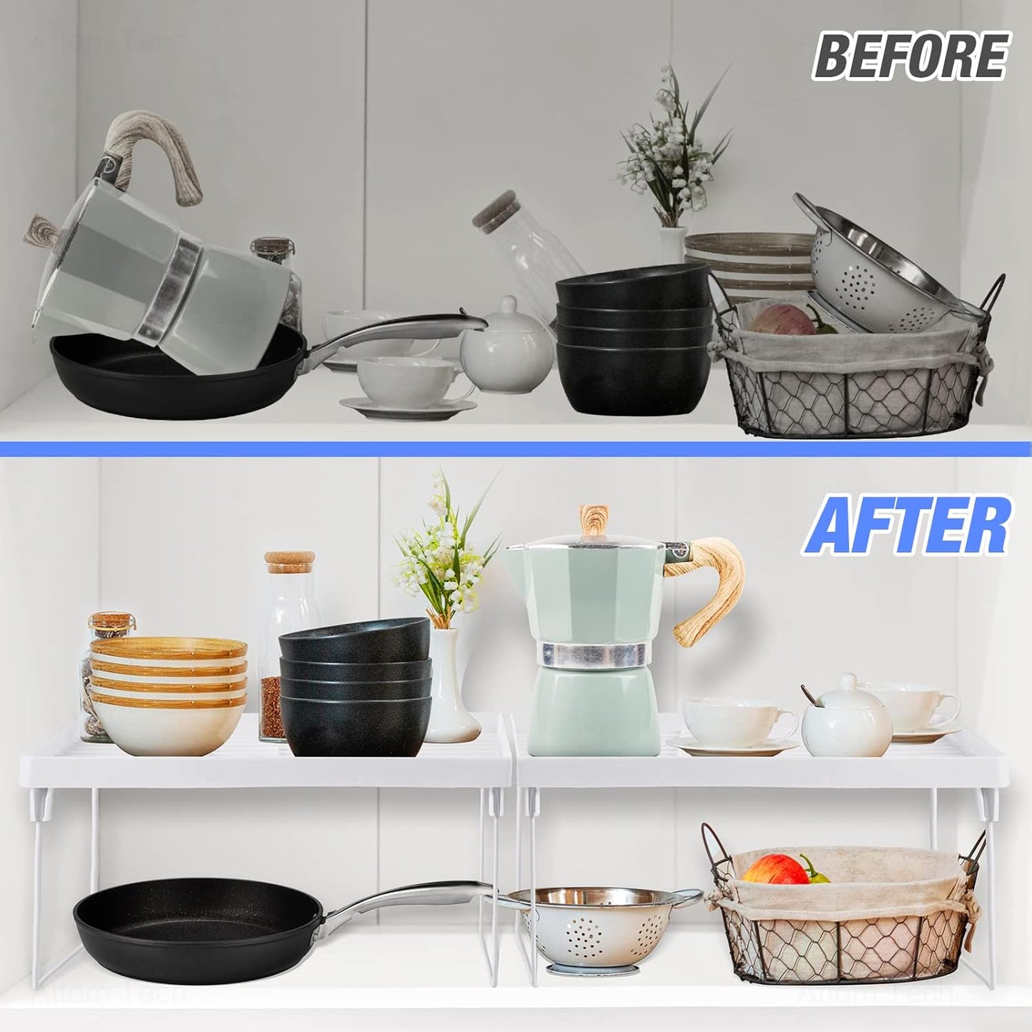 NiHome 4-Pack Stackable Plastic Kitchen Storage Shelf Foldable Rack - White Kitchen Cabinet Organizer and Storage Shelves Stackable Expandable Storage Racks for Counter Cabinet Pantry