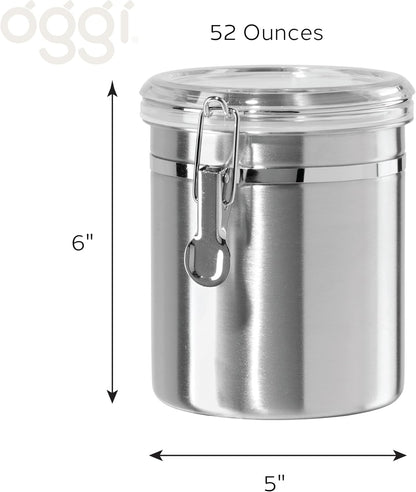 OGGI Stainless Steel Kitchen Canister 52 fl oz - Airtight Clamp Lid, Clear See-Thru Top - Ideal for Kitchen Storage, Food Storage, Pantry Storage. Large Size 5" x 6".