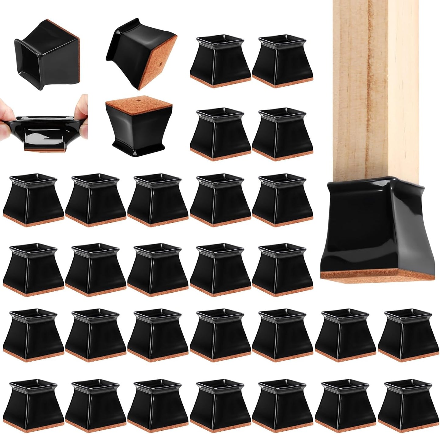 CHUNZEXI 32 Pack Square Chair Leg Floor Protectors for Hardwood Floors, Silicone Felt Covers Pads Caps, Protect Wood Furniture Feet Floors Noise Reduce and Scratch (Square Small & Black)