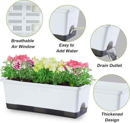 Window Box Planter 8 Pcs, 17 Inches Rectangle Flower Pots with Drainage Holes and Trays, Vegetable Planters for Windowsill Patio Garden Balcony Home Porch Yard Indoor Outdoor (White)