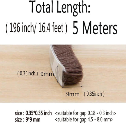 Weather Stripping Brush for Sliding Windows/Doors Frame Side,Pile Self Adhesive Weatherstrip Seal Strip Sealer Draft Stoppers (16.5ft x11/32 x 11/32 Brush inch, Brown)