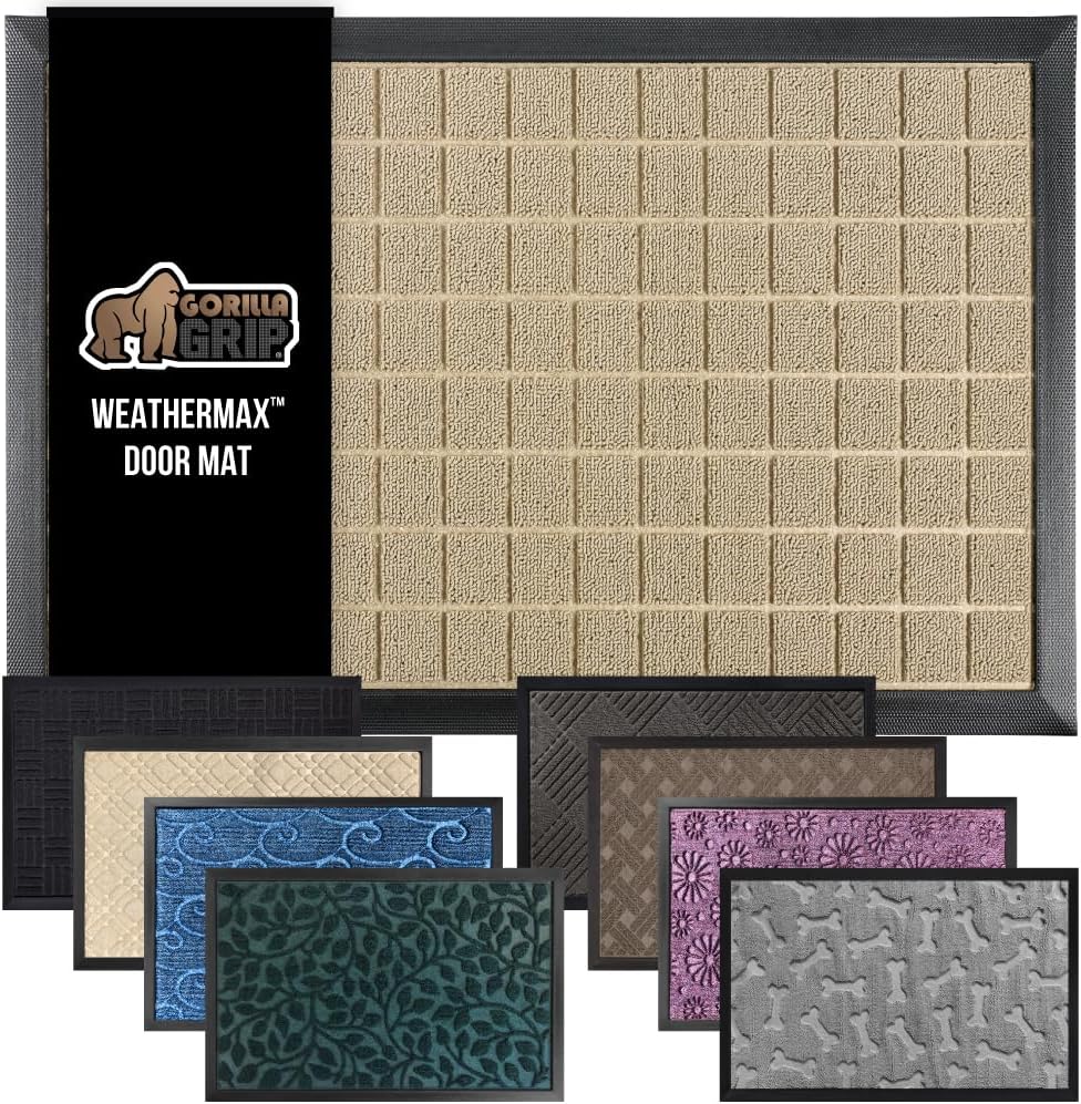 GORILLA GRIP 100% Waterproof All-Season WeatherMax Doormat US Designed Natural Rubber, Stain and Fade Resistant, Low Profile Indoor Outdoor Door Mats, Easy Clean Patio Mat, 23x35, Taupe Grid