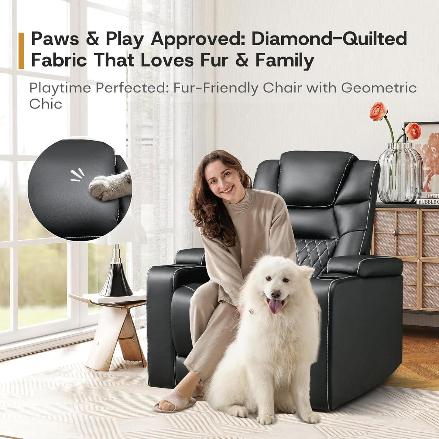 ANJ Power Recliner Chair with USB Port, Electric PU Leather Home Theater Seating for Living Room, Movie Reclining Chairs with Blue Ambient Lighting, Hidden Arm Storage, Cup Holders (Black)