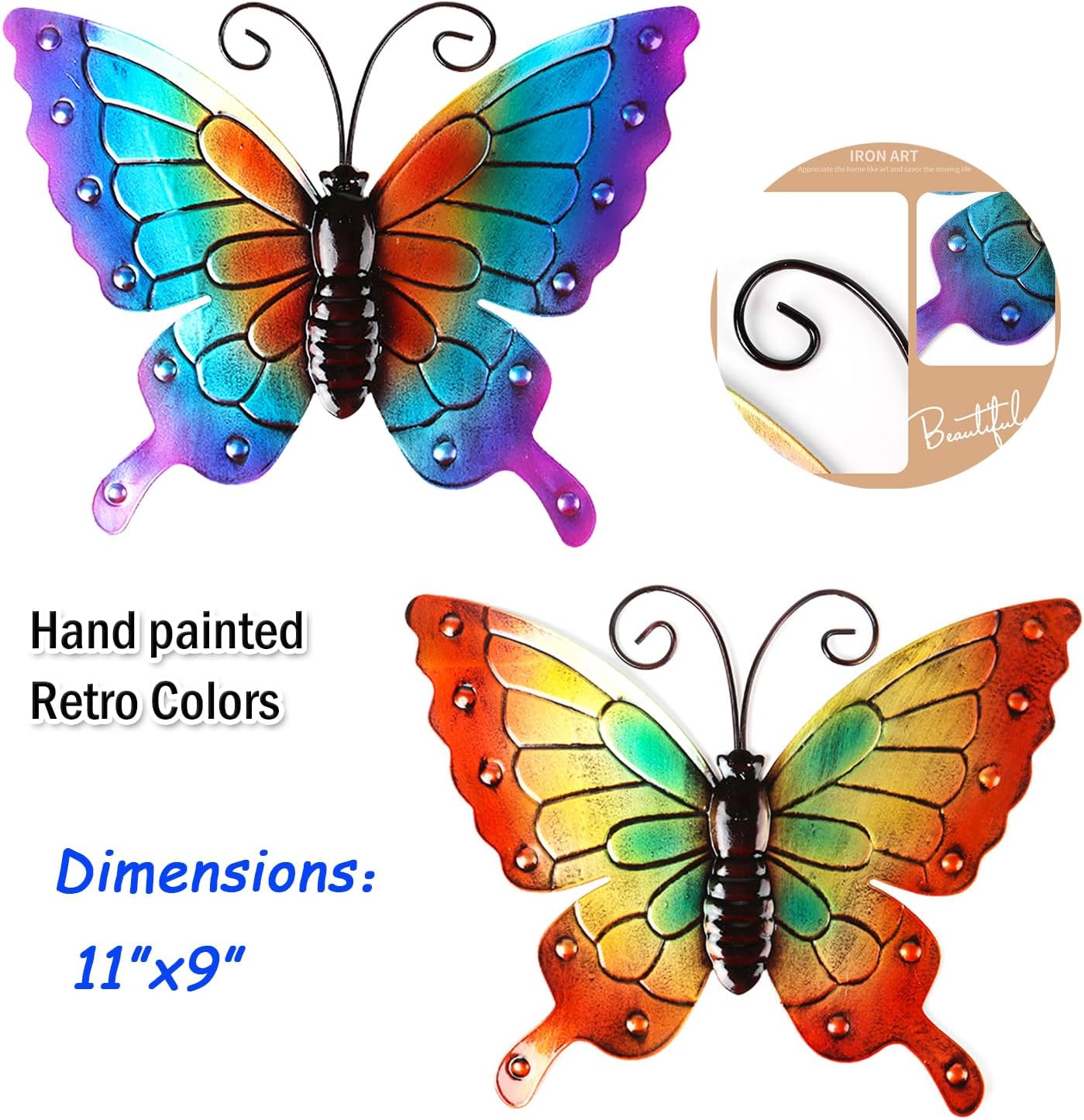 MACLARONX 3Pcs Metal Butterfly Wall Decor,11" Large Outdoor Fence Yard Art Butterflies 3D Garden Hanging Decorations Home Balcony Patio Room Indoor
