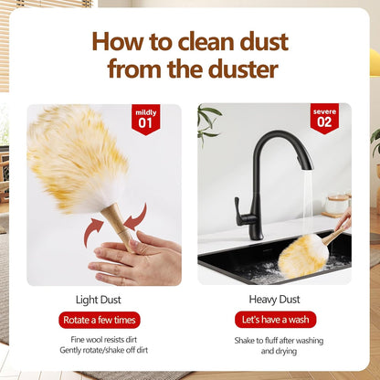 Lambswool Duster for Cleaning with Solid Wooden Handle Leather Hang Strap 14.9 inch Natural Feather Duster for Cleaning Ceiling Fans Window Blinds Computer Furniture(2 Pack)