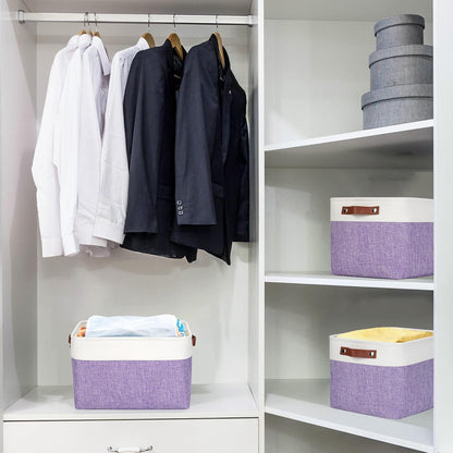 Storage Bins Large Fabric Storage Baskets for Shelves 3 Pack, Decorative Linen Closet Baskets with Handles for Organizing, Shelf, Clothes, Home, Office, 15x11x9.5Inches (Purple&White)