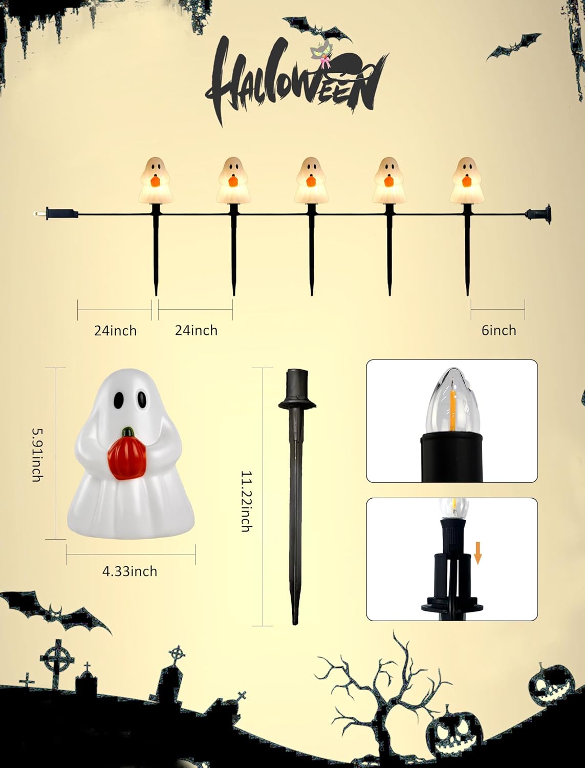Classic Ghost Halloween Pathway Lights (5-Pack) - Electric Outdoor Decorations with Warm C7 Bulbs, UL Listed Corded Yard Stakes for a Whimsical, Nostalgic Walkway & Lawn Display