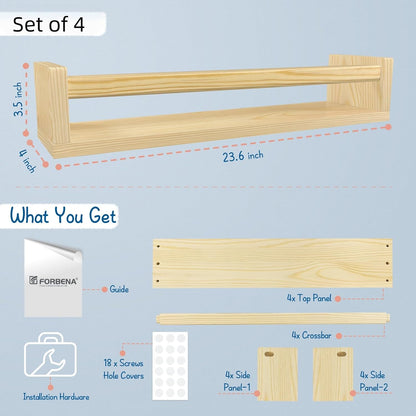 Forbena Natural Wood Nursery Bookshelves for Wall, 24 Inches Long Floating Book Shelves, Wall Mounted Bookcase for Baby Teen Girl Boy Kids Room Bedroom, Playroom Organizer, Bathroom Decor (4-Pack)