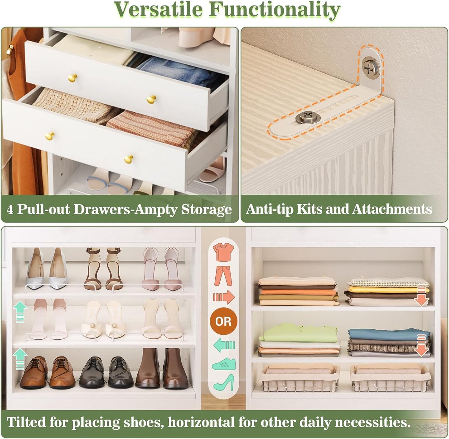 Closet System, Up to 134"/11.2 FT Closet Organizer with 4 Wooden Drawers and Shelves, Walk-in Closet System with 6 Hanging Rods, Built-in Closet Can Fit 96"/8FT, 120"/10FT, White