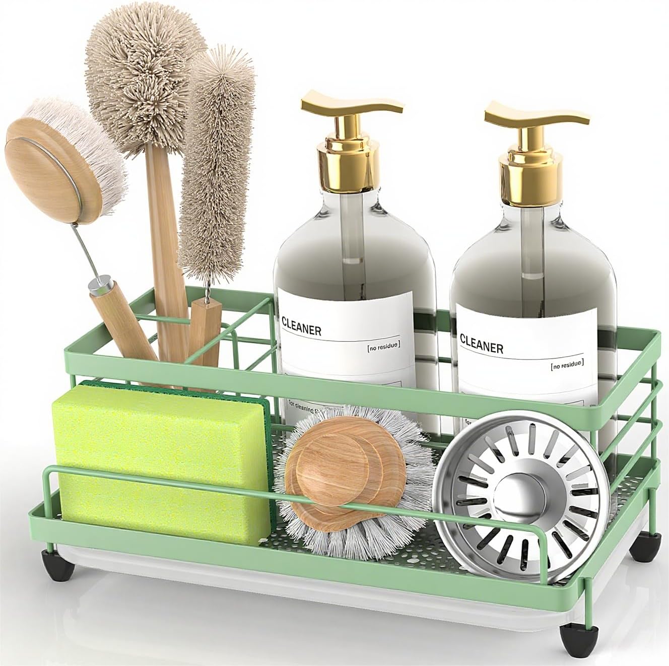 Cisily Sage Green Sponge Holder for Kitchen, Sink Caddy Sink Organizer Rack for Kitchen Accessories with Drip Tray, Rustproof and Non-slip, Soap Dispenser Countertop Organizer Essentials for New Home