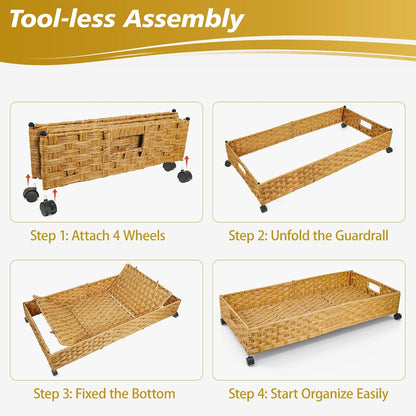 Under Bed Storage Containers with Wheels, 2 Pack 31.5in / 35L Handmade Rattan Underbed Organizer Drawer, Tool-free Assembly Rolling Under Bed Storage Bins for Shoes Clothes Toy Book