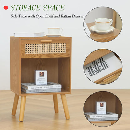 Mid Century Modern Nightstand, Rattan Bedside Table with Drawer and Open Shelf, Wood Nightstand Modern Side Table for Living Room, Bedroom and Small Space, Brown