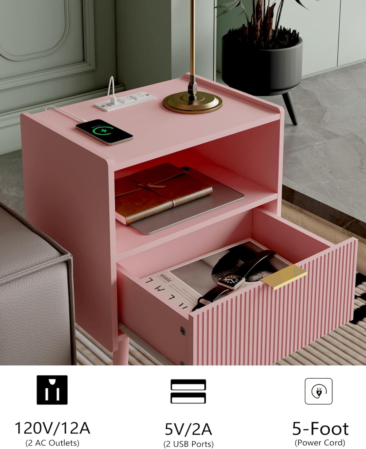 Nightstand,Modern Bedside Table with Storage Drawer and Open Wood Shelf, Accent Night Stand with Solid Wood Legs for Living Room, Bedroom and Small Spaces,Easy Assembly (Pink-Outlet)