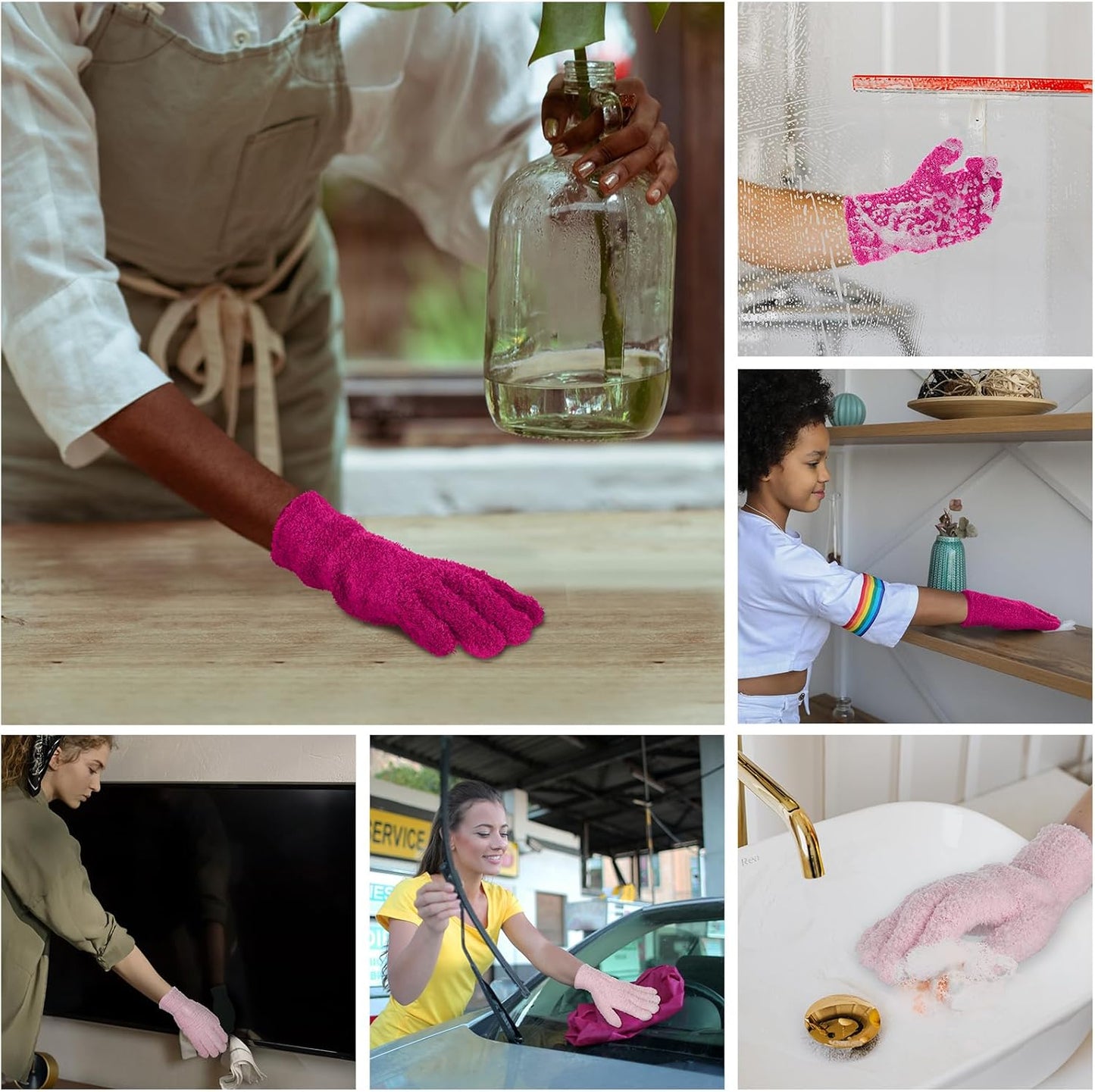 Patelai 2 Pairs Microfiber Gloves for plants Dusting Cleaning Glove Mittens House Cars Blinds Dusting(Pink, Rose Red, Large)