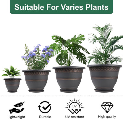 4 Pack 16 Inch Large Plant Pots, Plastic Flower Pot for Indoor & Outdoor with Drainage Holes & Saucer, Plaid Pattern Planters Garden Pots for Herbs