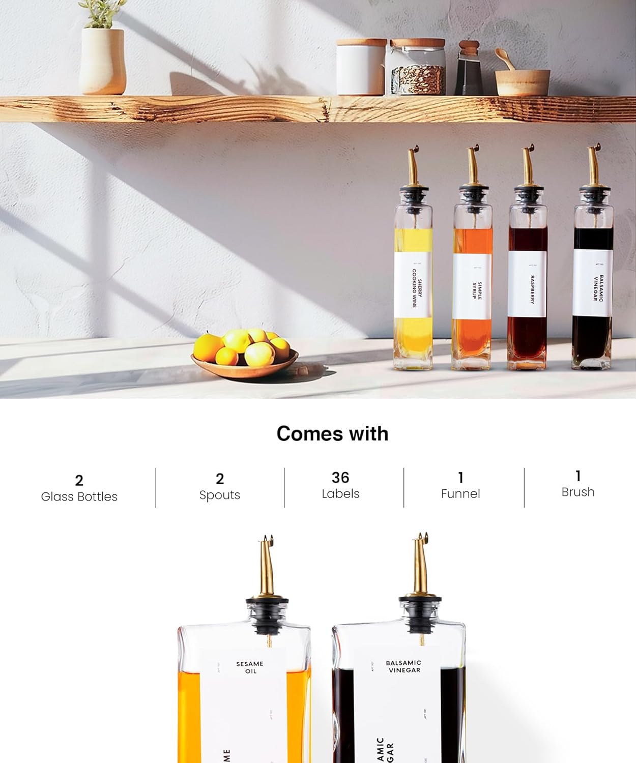 Olive Oil Dispenser for Kitchen, Cooking Oil and Vinegar Dispenser Set, Olive Oil Bottle, Soy sauce dispenser, coffee syrup bottles with stainless steel pourers - 2 pcs, Gold