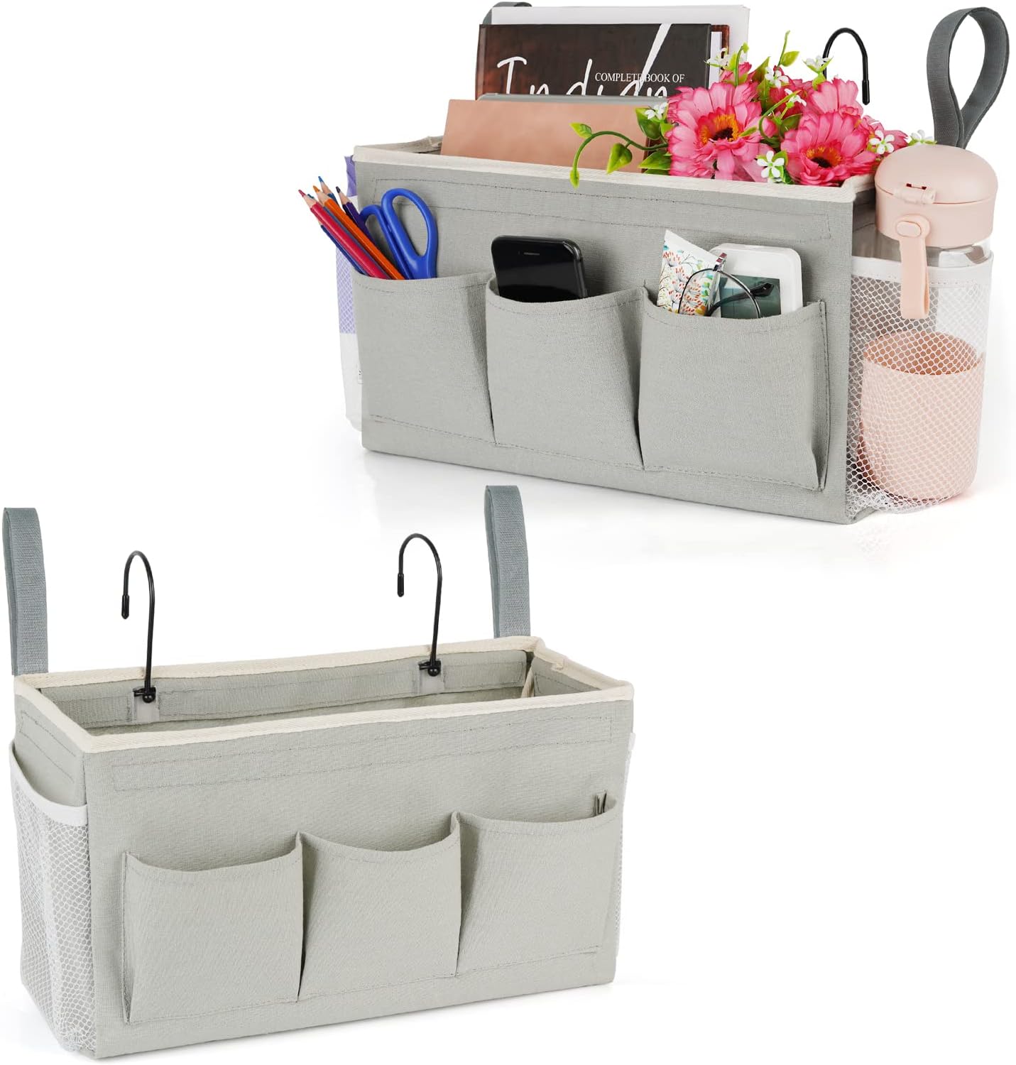 Bedside Caddy Organizer with Fixed Straps & Water Bottle Holder for Home, College Dorm, Bunk Bed, Hospital & Crib Bed Rails (2 pcs, Grey)