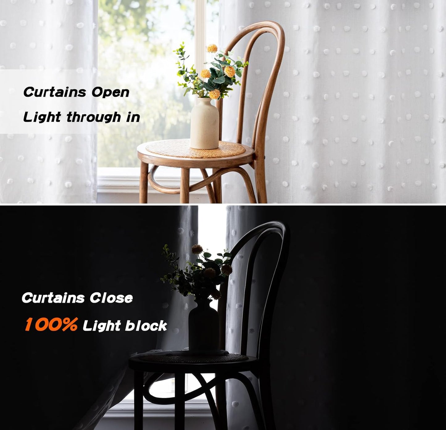 MYSKY HOME 100% Blackout Curtains for Bedroom White Blackout Curtains 54 Inches Long Thermal Insulated 2 Panels Short Kitchen Curtains with White Pom Pom Sheer Room Darkening Grommet, 52 x 54 Inch
