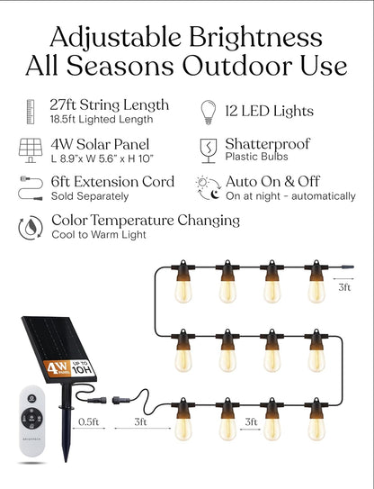Brightech Ambience Pro 27-Ft Solar String Lights for Outside - Super Bright Remote Control Color Adjustable Outdoor String Light - Commercial Grade String, Waterproof LED for Patios, Camping, 12 Bulbs
