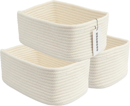 Small Woven Storage Baskets 12“X8”X5“ Decorative Rope Bins for Organizing Shelves, Closets, and Toys, Empty Gift Baskets, Cute Organizer Basket for Home and Office (white, regular)