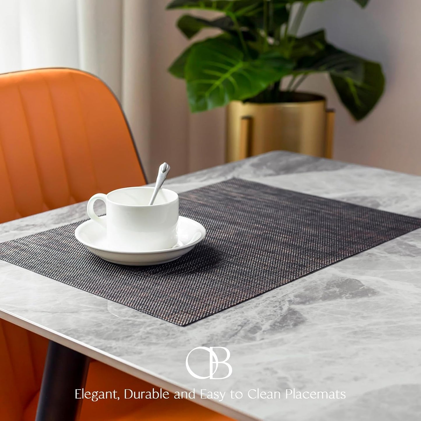 Placemats Set of 4 - Easy Clean Woven Vinyl Placemats for Dining Table, Indoor/Outdoor Place Mats, Washable PVC Table Mats（Black/Brown）