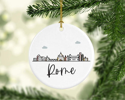 Andaz Press Round Ceramic Porcelain Christmas Tree Ornament Keepsake Gift, Rome, Colorful International City Skyline Graphic, 1-Pack, Birthday Ideas Family Coworker Him Her, Gift Box